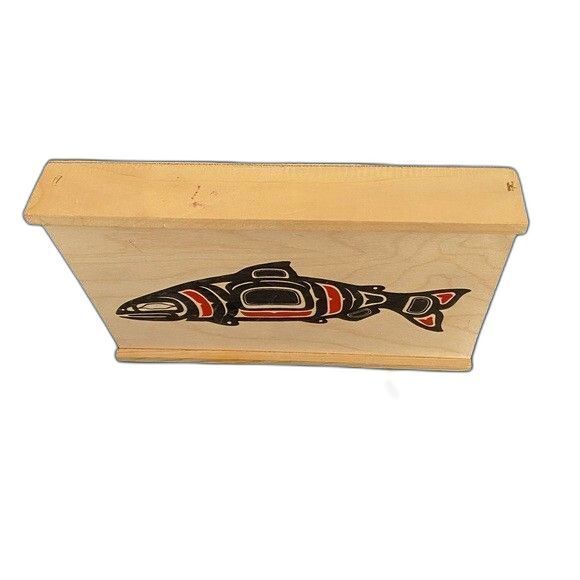 Vintage Wood Salmon Box North West Fish Sliding Lid Stash Box - Picture 2 of 5